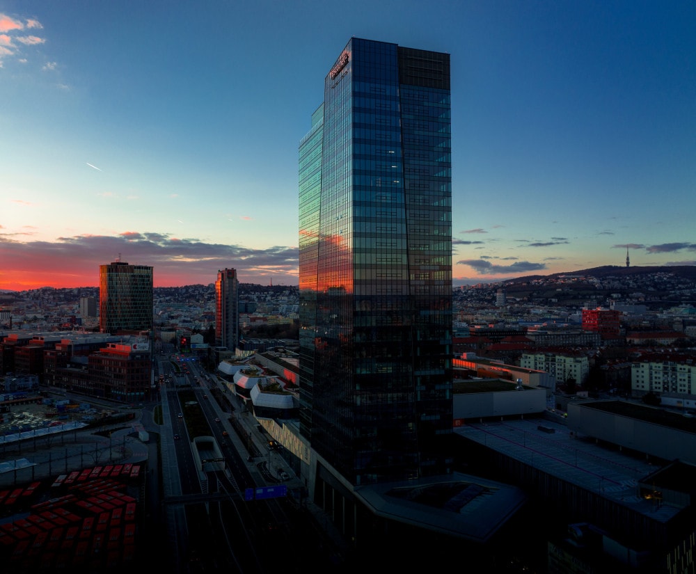 Nivy Tower in Bratislava at the sunset