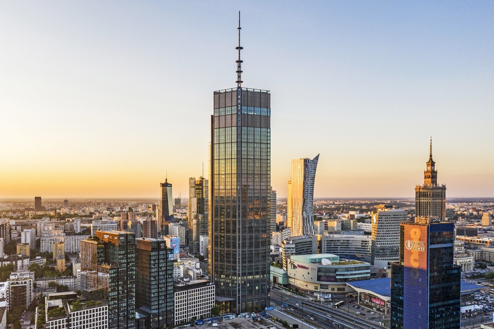 Varso Tower in Warsaw against sunset sky