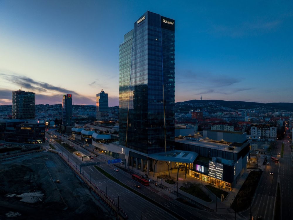 Nivy Tower, Bratislava, at dusk