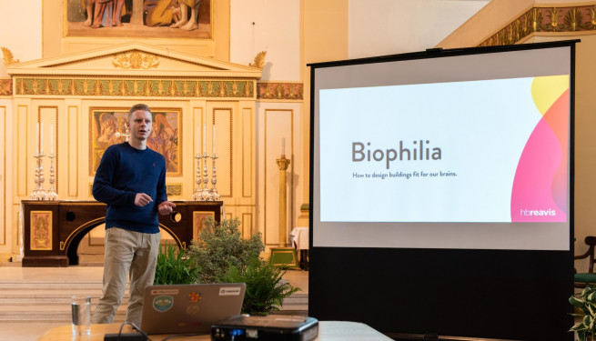 St John's Church Waterloo. Waterloo Festival 2019. Wellness in the Workspace: Breakfast Event with HB Reavis.  Michal Matlon presenting the latest thinking on 'Biophilia' the innate human need for contact with nature and how this can be incorporated into building design.  June 12, 2019.  Photo Copyright: Eleanor Bentall.  Tel: +44 7768 377413