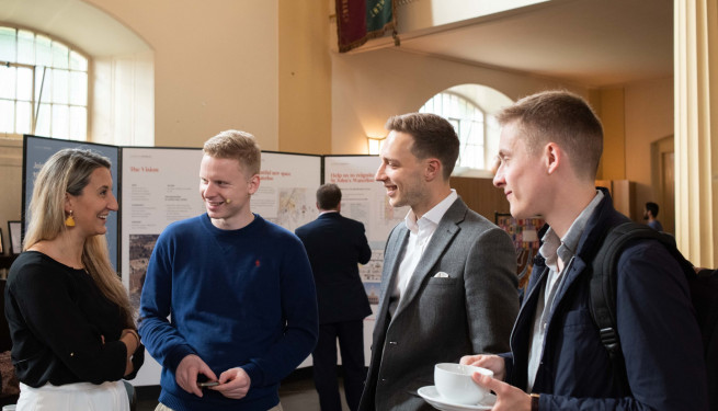 St John's Church Waterloo. Waterloo Festival 2019. Wellness in the Workspace: Breakfast Event with HB Reavis.  Michal Matlon (second from left) presenting the latest thinking on 'Biophilia' the innate human need for contact with nature and how this can be incorporated into building design.  June 12, 2019.  Photo Copyright: Eleanor Bentall.  Tel: +44 7768 377413
